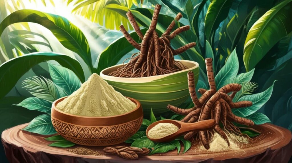 This image highlights kava root and kava root powder in a natural setting, emphasizing their traditional use in soothing, ceremonial beverages