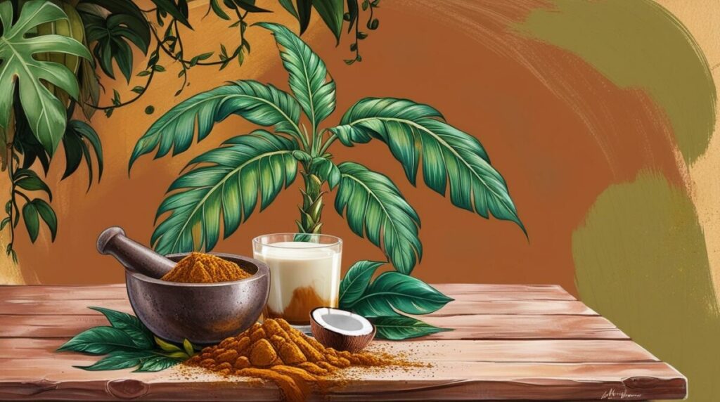This image showcases kava root and kava root powder with tropical plants, highlighting its traditional preparation into a calming drink