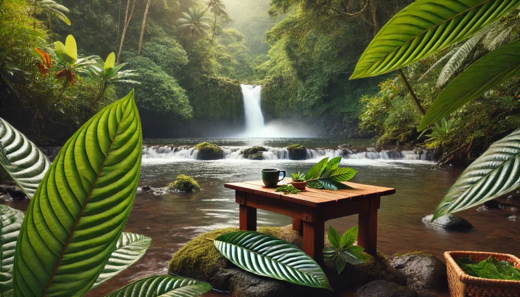 A peaceful tropical riverside setting with kratom leaves and tea, capturing both the controversies and benefits associated with kratom use