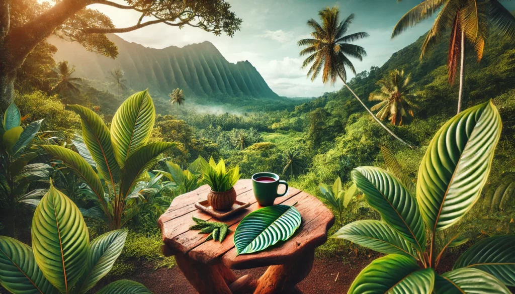 A serene tropical setting with kratom leaves and tea, emphasizing the controversies and benefits of kratom