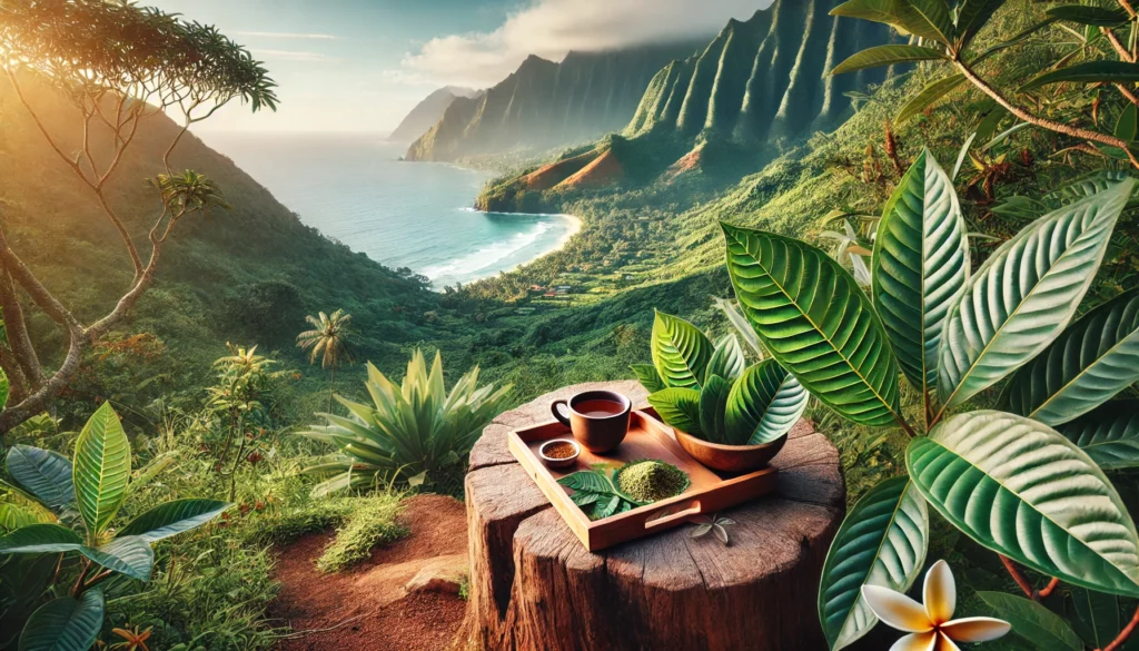 Kratom leaves and tea in a scenic mountain setting, highlighting its natural benefits and controversies