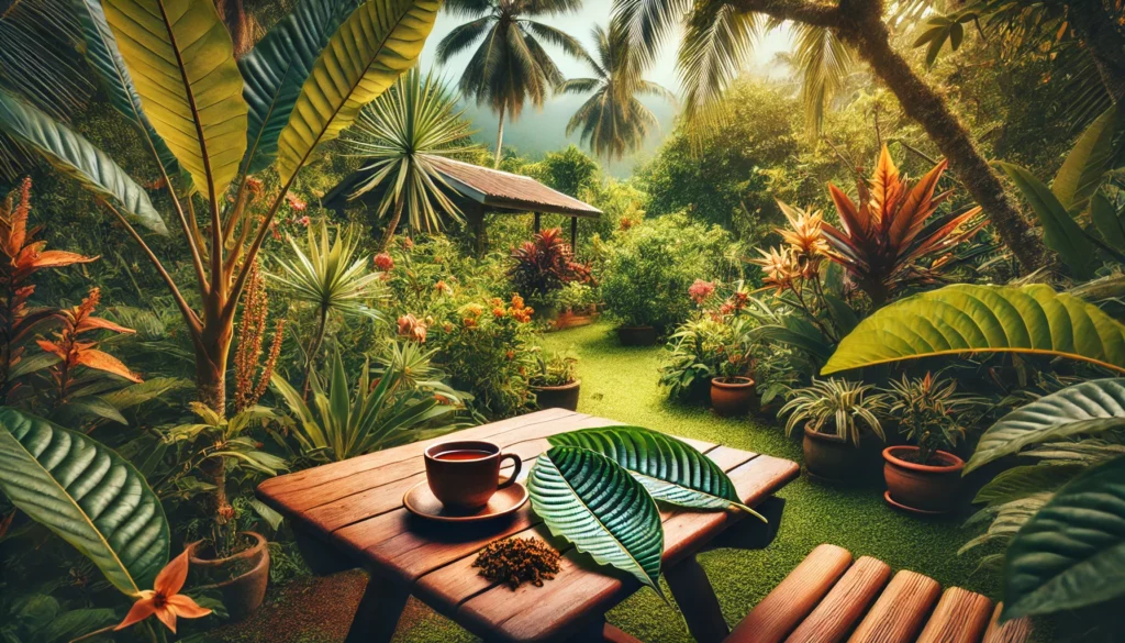 This lush, tropical garden scene focuses on the benefits and controversies of kratom, symbolized by a cup of kratom tea and leaves on a table, inviting reflection on its varied uses