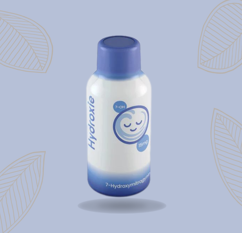 A white and blue bottle labeled "Hydroxie" with 7-Hydroxy Mitragynine content, designed for kratom shop.