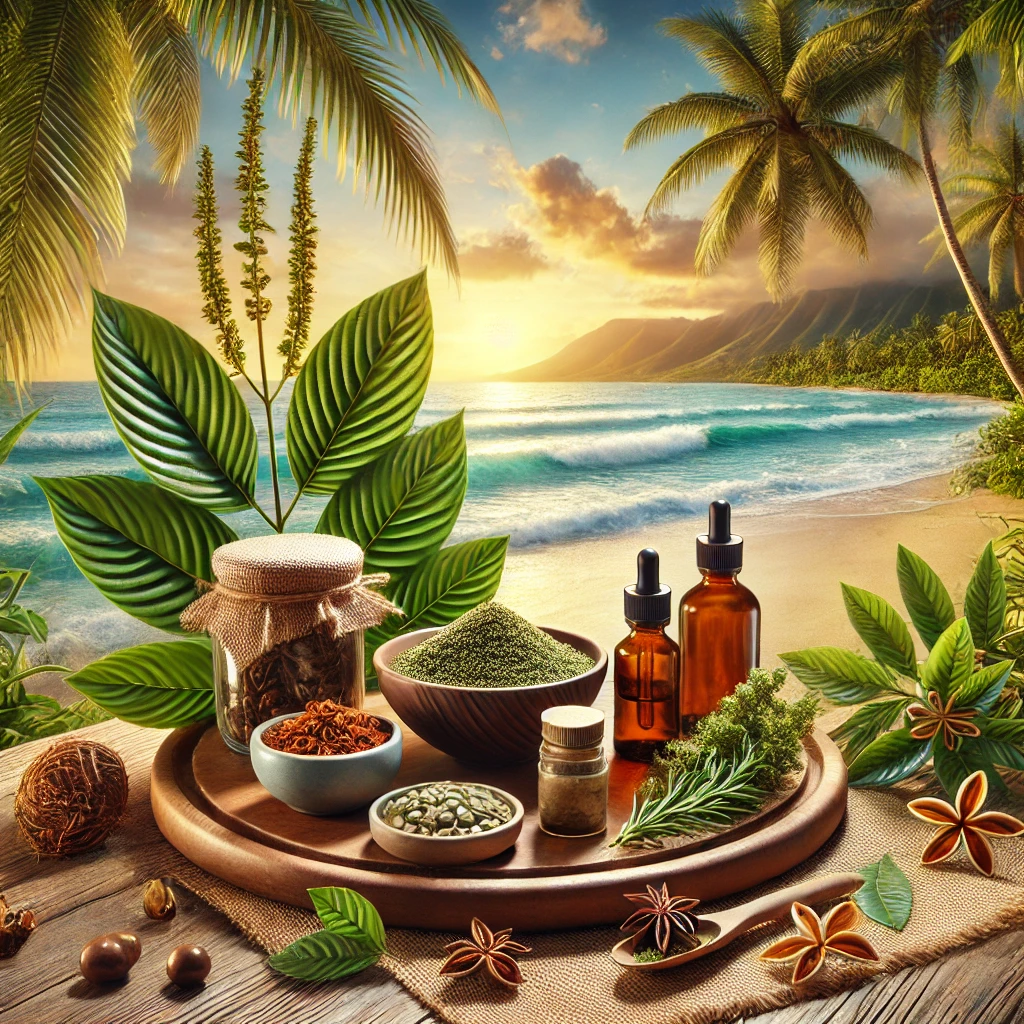 Set against a stunning Hawaiian beach at sunset, this serene scene showcases kratom products—powders, capsules, and tinctures—surrounded by lush tropical leaves. Highlighting the focus on "kratom Hawaii" and "kratom benefits," the image captures the essence of natural wellness and island tranquility.