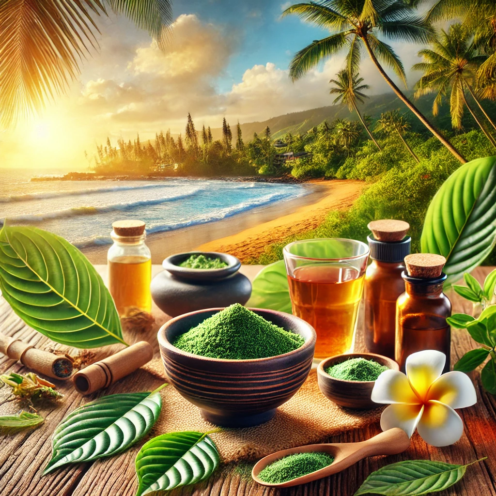 Set against a stunning Hawaiian beach backdrop, this image showcases kratom powder, tea, and extracts, surrounded by tropical greenery and flowers. Highlighting "kratom Hawaii" and "kratom benefits," it reflects the harmony of natural remedies and Hawaii’s serene lifestyle.