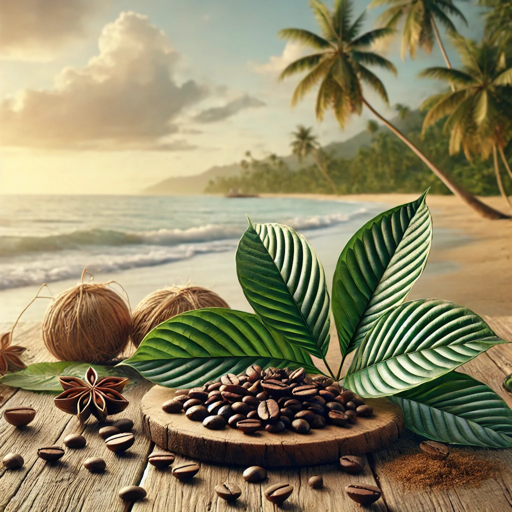 A peaceful beach setup with kratom leaves, coffee beans, and star anise on a rustic wooden table by the ocean. Explore the question, "is kratom safe," and compare "kratom vs coffee" as natural options for relaxation and well-being