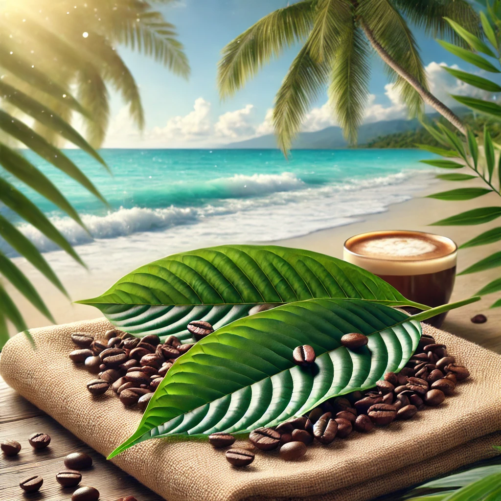 A peaceful beach setting with kratom leaves resting on coffee beans and a burlap sack, with a steaming coffee cup nearby. This image beautifully reflects the focus keywords: "is kratom safe" and "kratom vs coffee," inviting thoughts on their natural uses and effects