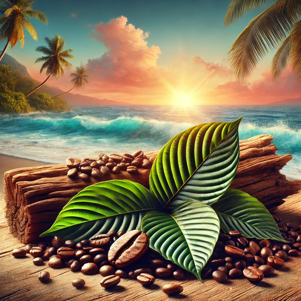 A stunning sunset by the beach with kratom leaves and coffee beans on a driftwood table. This serene scene invites contemplation on the focus keywords: "is kratom safe" and the comparison of "kratom vs coffee" as natural sources for relaxation and energy.