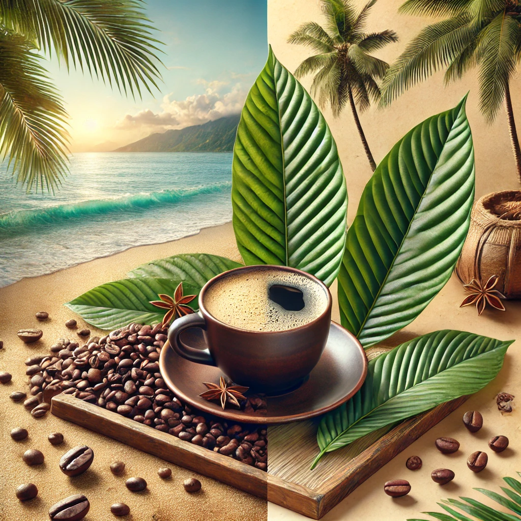 A serene tropical scene featuring a coffee cup on a sandy beach with kratom leaves, beans, and spices. Discover "is kratom safe" and learn about "kratom vs coffee" as alternatives in wellness and relaxation in natural settings