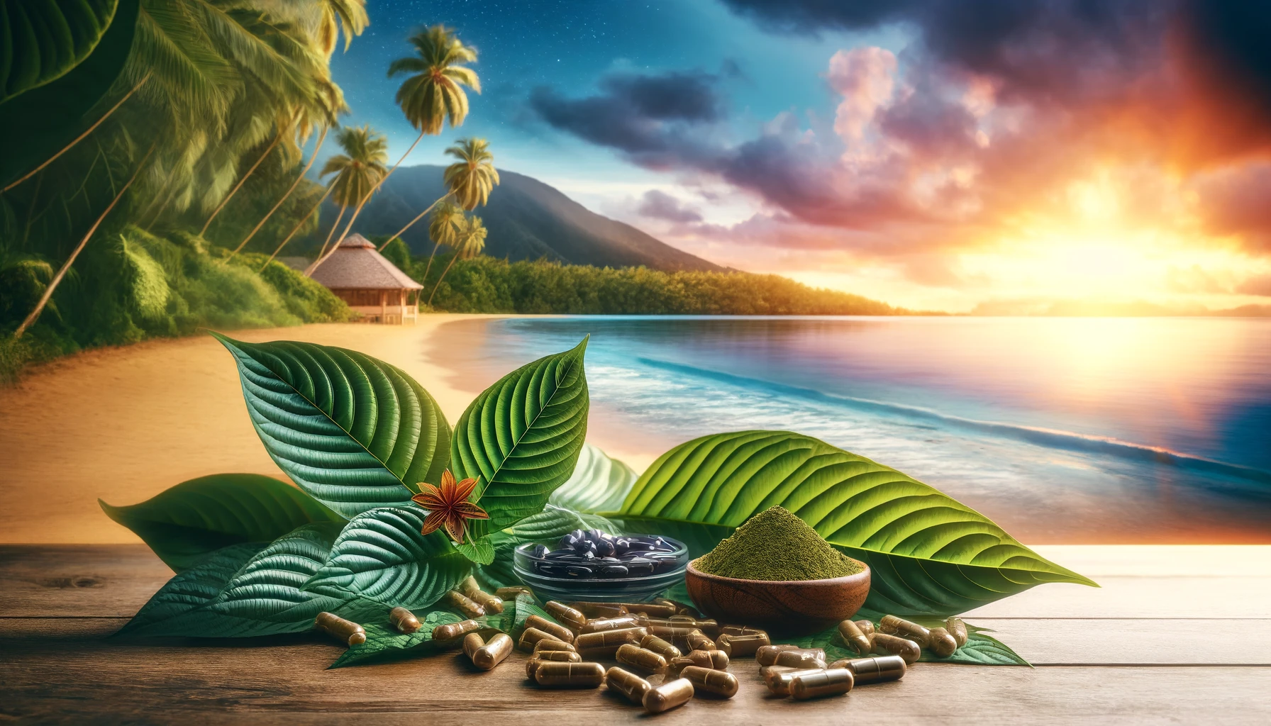 A serene tropical beach at sunset with vibrant kratom leaves, a bowl of powdered kratom, capsules, and herbal supplements displayed on a wooden table. The scene highlights natural remedies known for promoting mental clarity and their health effects, set against a peaceful backdrop of palm trees, a hut, and a calm ocean.