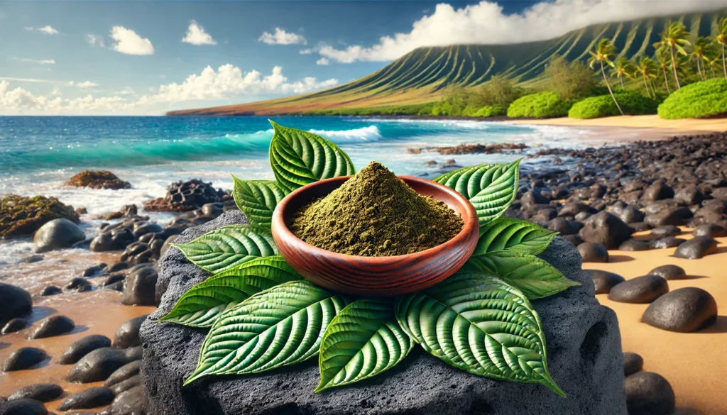 A scenic coastal view with vibrant kratom leaves arranged around a wooden bowl of powdered kratom, set on a black volcanic rock. The backdrop features waves crashing on the shore and lush green mountains, emphasizing the natural benefits of kratom health while adhering to FDA considerations.