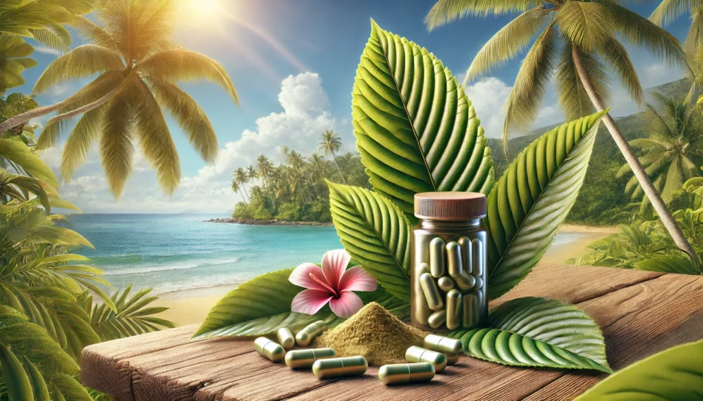 A tropical beach backdrop with kratom leaves, a jar of kratom capsules, and powdered kratom displayed on a wooden table, accompanied by a pink hibiscus flower. The image emphasizes the benefits and considerations of kratom health while aligning with FDA guidelines.