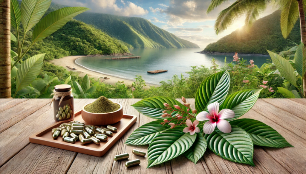 A serene tropical bay with lush green hills in the background, featuring kratom leaves, a wooden bowl of powdered kratom, capsules, and a jar of kratom supplements displayed on a wooden table. The scene highlights kratom health benefits while adhering to FDA guidelines.