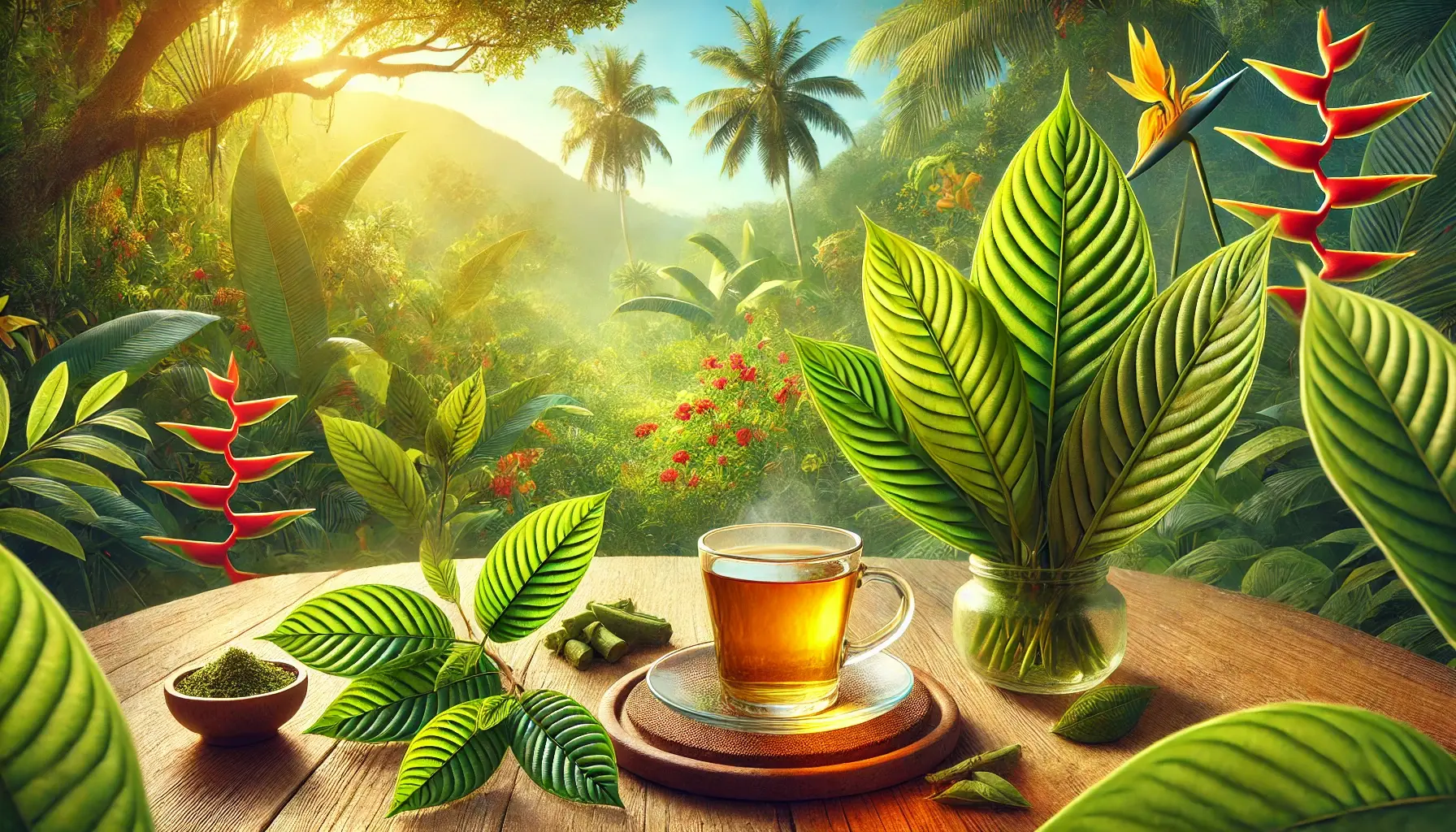 A vibrant tropical rainforest setting with kratom leaves, a bowl of powdered kratom, and a steaming cup of herbal tea arranged on a wooden table. The lush greenery, colorful flowers, and serene sunlight emphasize the natural benefits of kratom for mental clarity and its health effects.