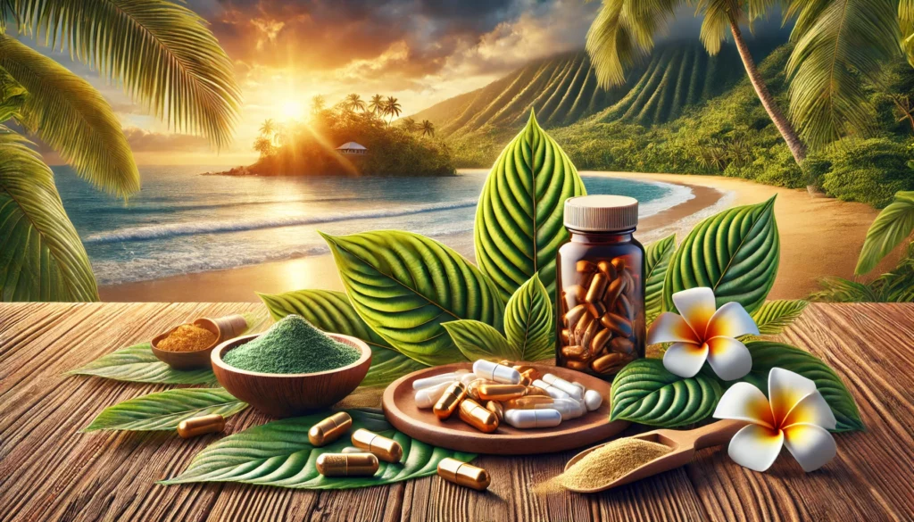 A tropical beach scene at sunrise with kratom leaves, powdered kratom, capsules, and supplements displayed on a wooden table. A bottle of kratom capsules is prominently featured, surrounded by plumeria flowers, emphasizing the natural benefits and considerations of kratom health while aligning with FDA awareness.