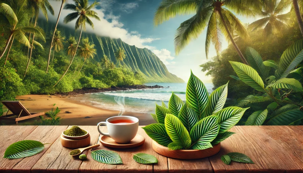 A serene tropical beach scene featuring kratom leaves on a wooden platter, a steaming cup of herbal tea, and a bowl of powdered kratom on a rustic table. The lush greenery, towering palm trees, and ocean waves highlight the natural benefits of kratom effects for health and wellness.