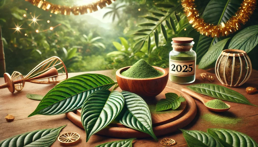 Fresh kratom leaves and finely ground kratom supplements in a wooden bowl displayed on a rustic table, surrounded by lush greenery, symbolizing kratom wellness in a natural setting.