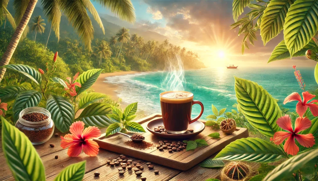 Idyllic tropical beach setting at sunrise with a steaming cup of Kratom coffee on a wooden tray surrounded by fresh Kratom leaves, hibiscus flowers, coffee beans, and a jar of coffee grounds, symbolizing the natural benefits of Kratom coffee for relaxation and to help decrease blood pressure.