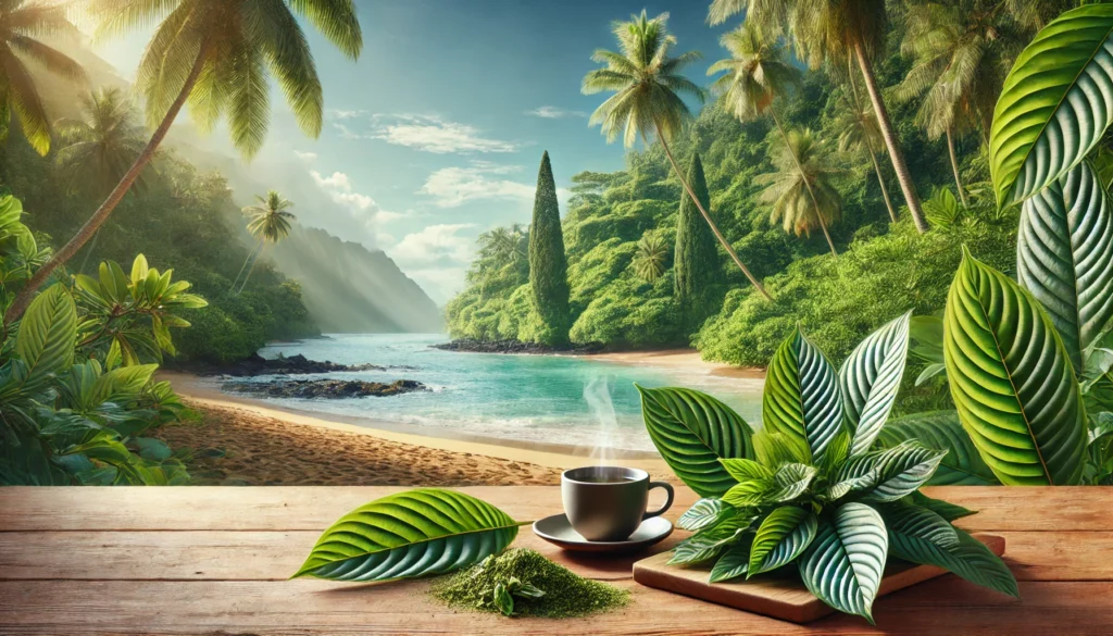 A tranquil tropical beach surrounded by lush greenery and towering palm trees, featuring kratom leaves, powdered kratom, and a steaming cup of tea on a wooden table in the foreground. The image highlights the natural kratom effects for health and wellness in a serene, nature-inspired setting.