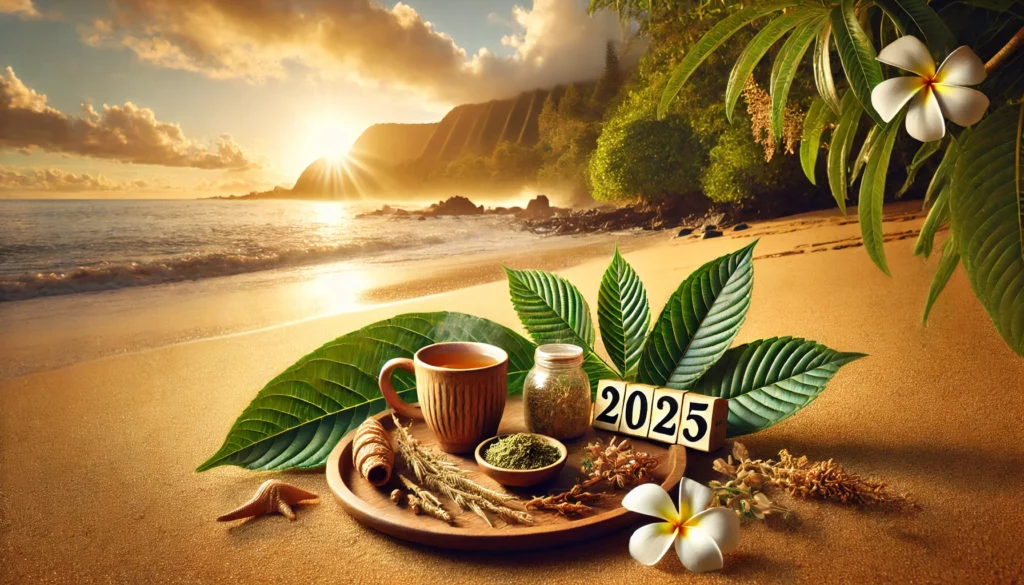 A serene beach scene at sunset featuring fresh kratom leaves, a steaming cup of tea, and kratom supplements arranged on a wooden tray, emphasizing the natural connection to kratom wellness.