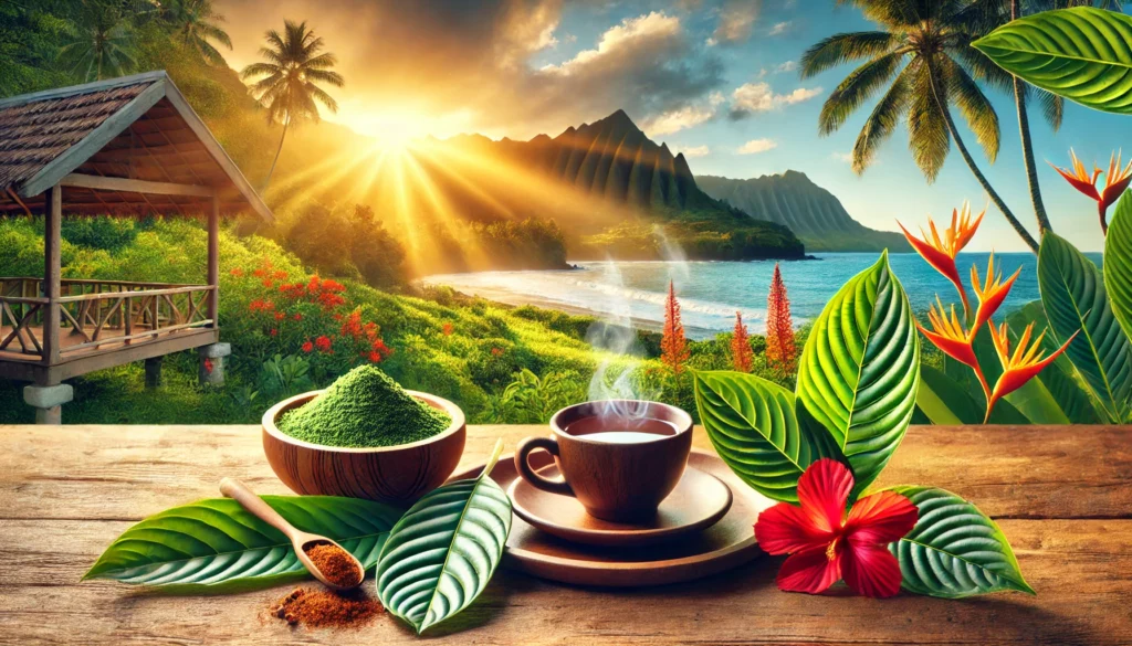 Tranquil Hawaiian sunrise over lush green valleys and ocean views, featuring a wooden table with a steaming cup of Kratom tea, a bowl of Kratom powder, fresh leaves, and tropical flowers, symbolizing the natural benefits of Kratom effects for health and wellness.