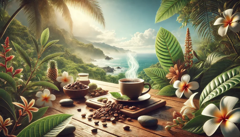 Peaceful tropical coastline with lush greenery and ocean views, featuring a wooden table adorned with a steaming cup of Kratom coffee, fresh Kratom leaves, coffee beans, plumeria flowers, and a jar of honey, symbolizing the health benefits of Kratom coffee for relaxation and its potential to decrease blood pressure.