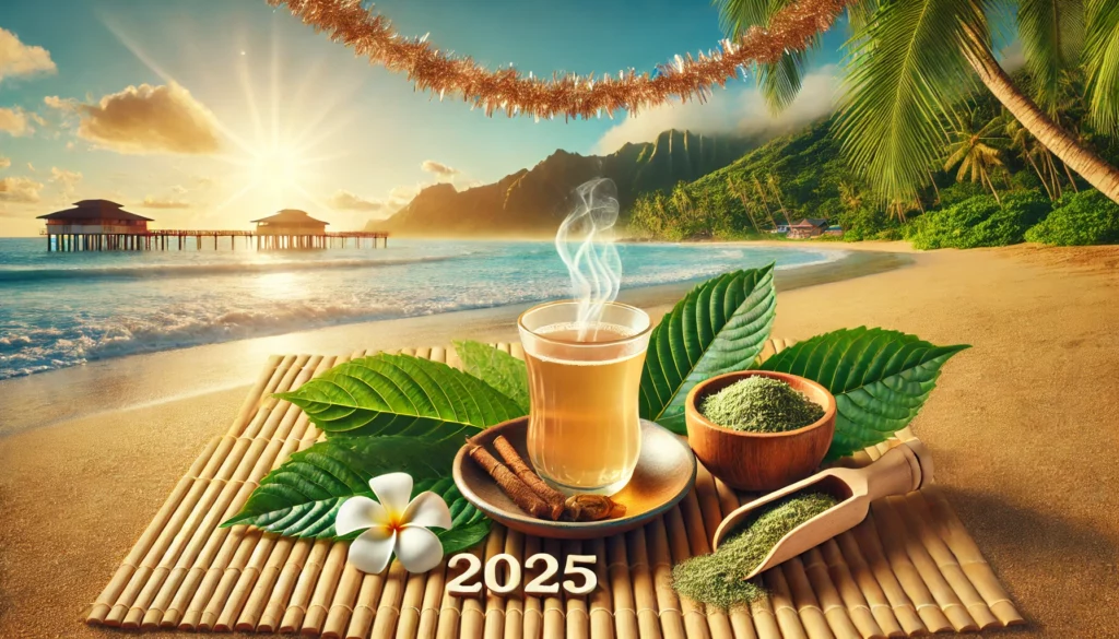 A tropical beach at sunrise showcasing kratom leaves, a steaming glass of tea, and kratom supplements in a wooden bowl, highlighting the connection to kratom wellness and natural relaxation.