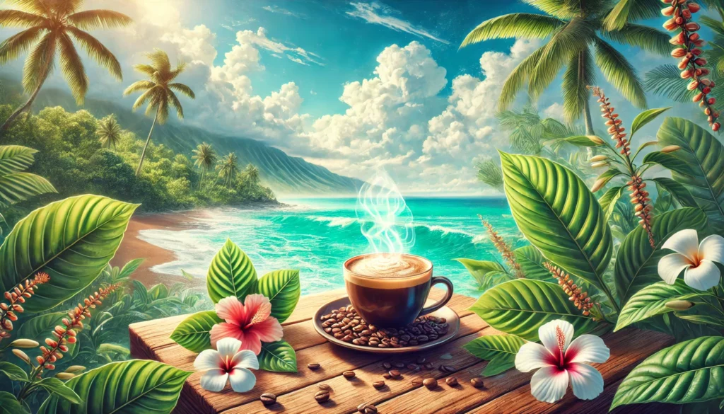 Bright tropical beach with turquoise waves and lush green foliage, featuring a wooden table holding a steaming cup of Kratom coffee surrounded by fresh Kratom leaves, coffee beans, and vibrant hibiscus flowers, symbolizing the calming and health-promoting benefits of Kratom coffee, including its potential to decrease blood pressure.